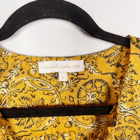 House of Harlow 1960 Large L Yellow Boho Ruffle Sleeve Blouse Tie V Neck Gypsy - Picture 4 of 7